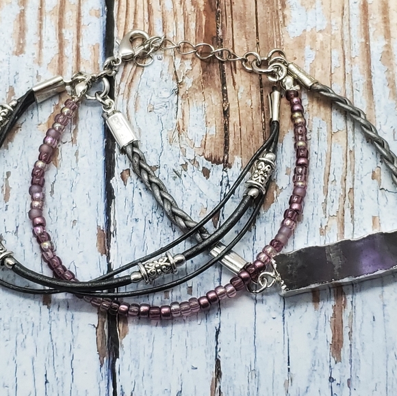 NWOT Handmade Gunmetal Leather and Amethyst Bracelet, Customizable - Picture 2 of 2